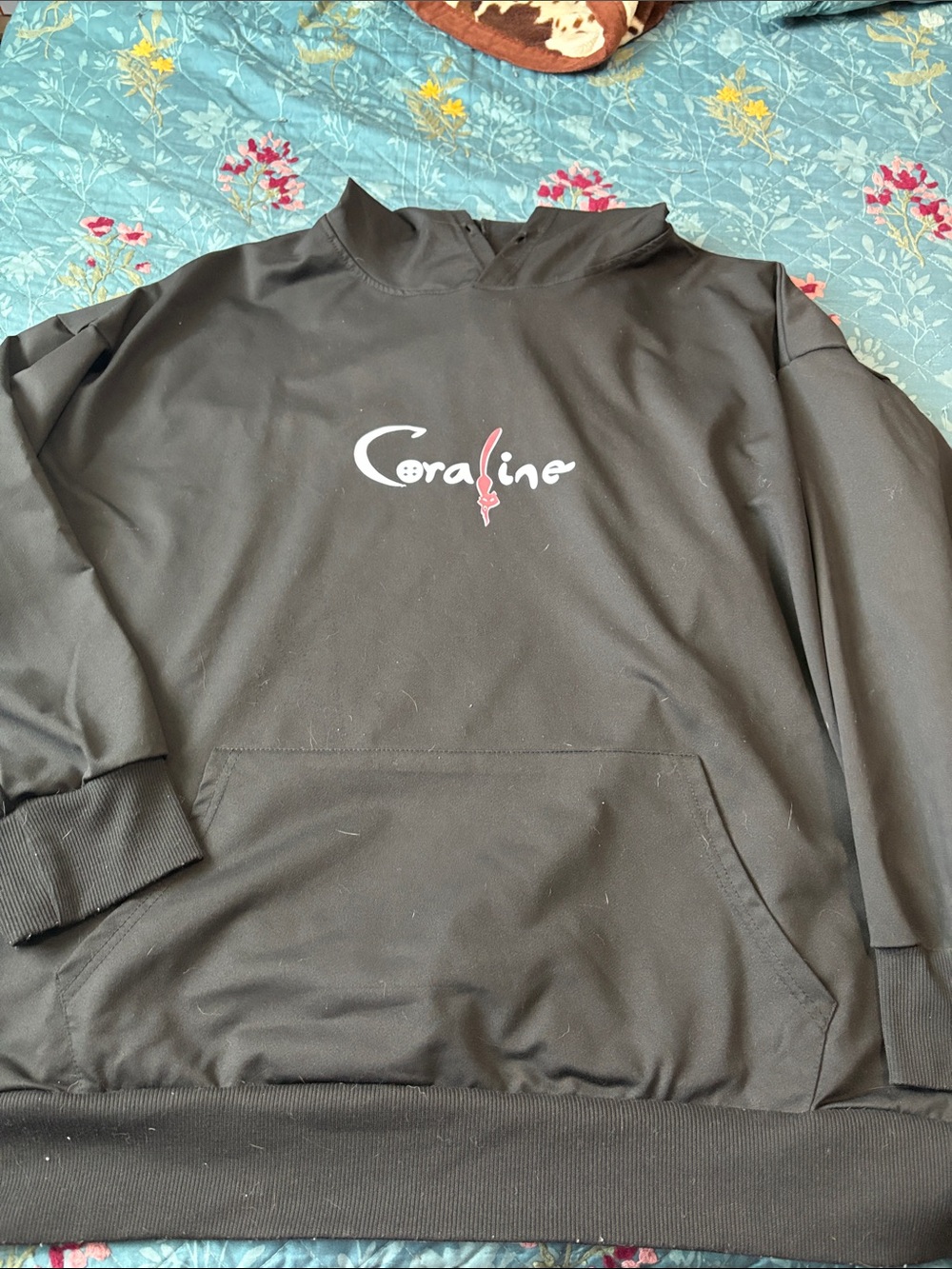 SHEIN Black Pullover Hoodie with Coraline Logo